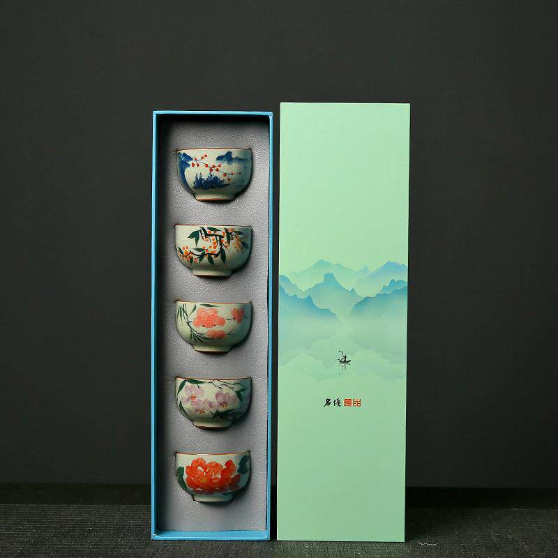 哥窑手绘品茗杯冰裂釉开片茶杯釉下彩陶瓷家用小茶杯功夫单杯茶盏