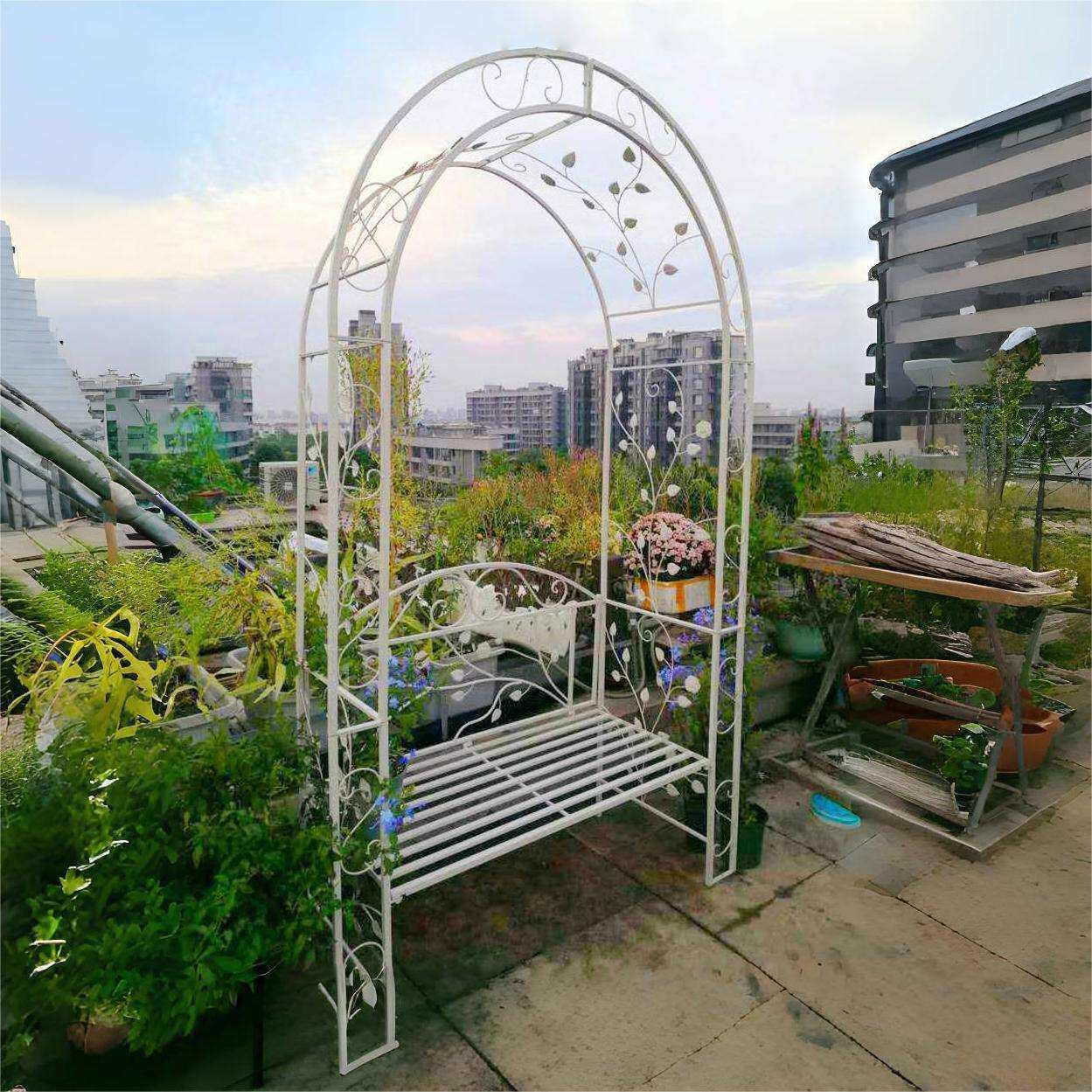 落地式铁艺拱门花架户外庭院金属双人椅花园铁线莲爬藤架葡萄架子