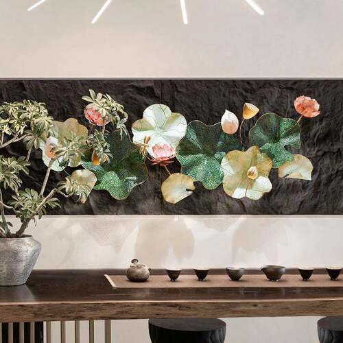 新中式茶室餐厅饭店背景墙面装饰品创意国风铁艺壁饰立体荷花挂件