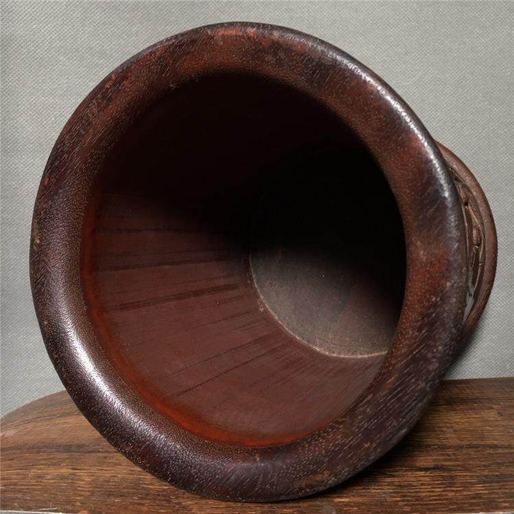 古董竹制松鹤延年笔筒文房四宝原竹楠竹毛笔筒竹子古玩收藏品