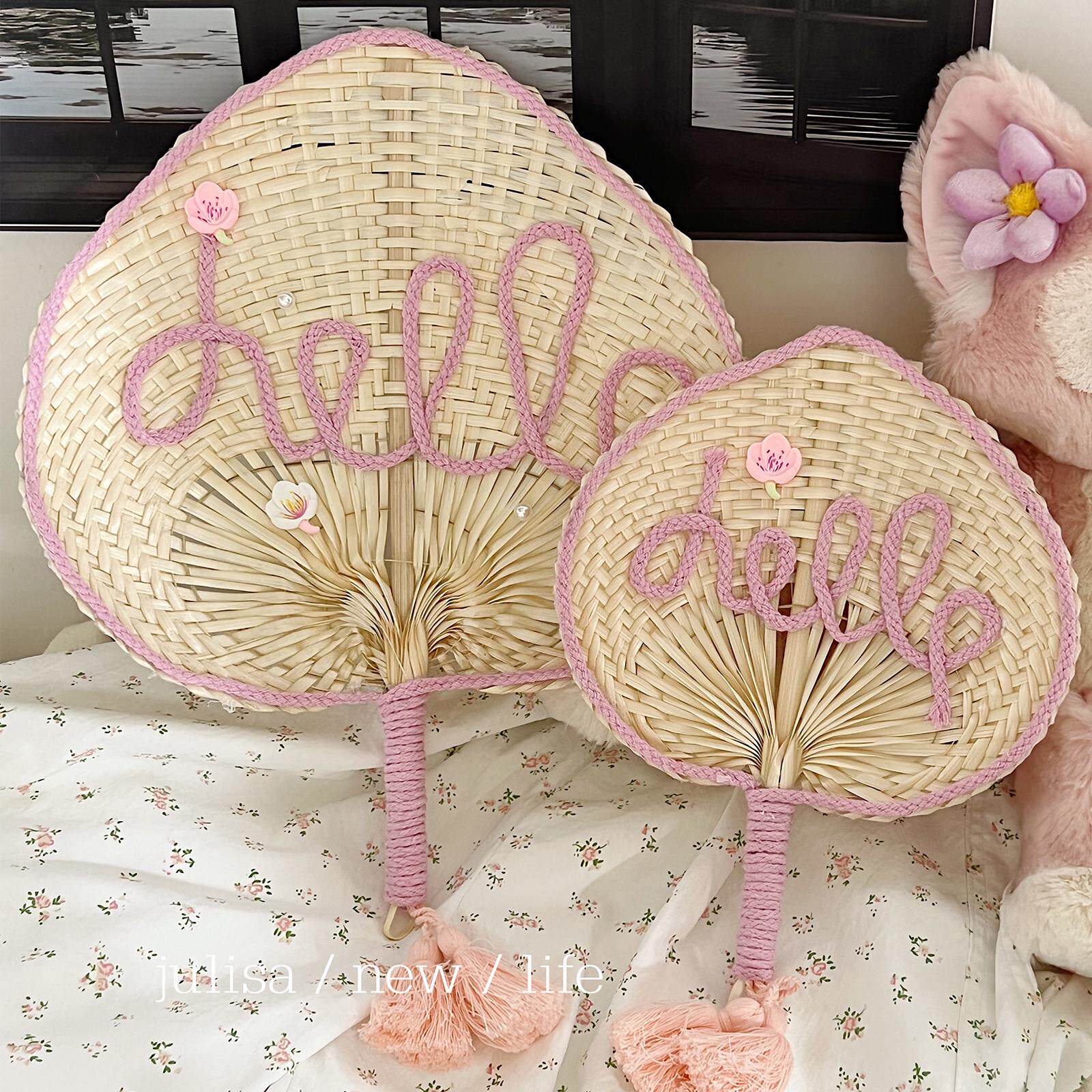 纯手工制作diy夏日蒲扇粉色流苏爱心扇子手持覆古可携式编织手柄