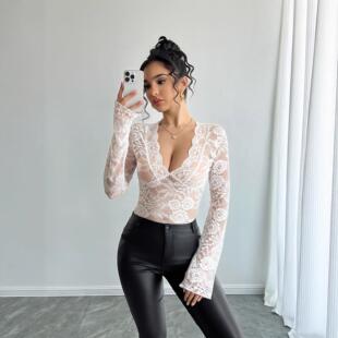 Lace V Neck Sleeve Blouse Sexy Transparent Pattern Chest