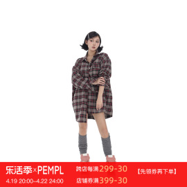 PEMPL 美式廓形格纹短袖衬衫女春季设计感小众宽松中长款上衣