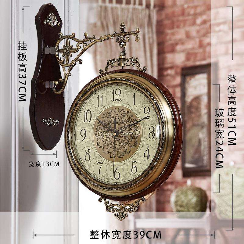 金属双面钟表客厅创意欧式挂钟北欧静音实木装饰挂钟15020