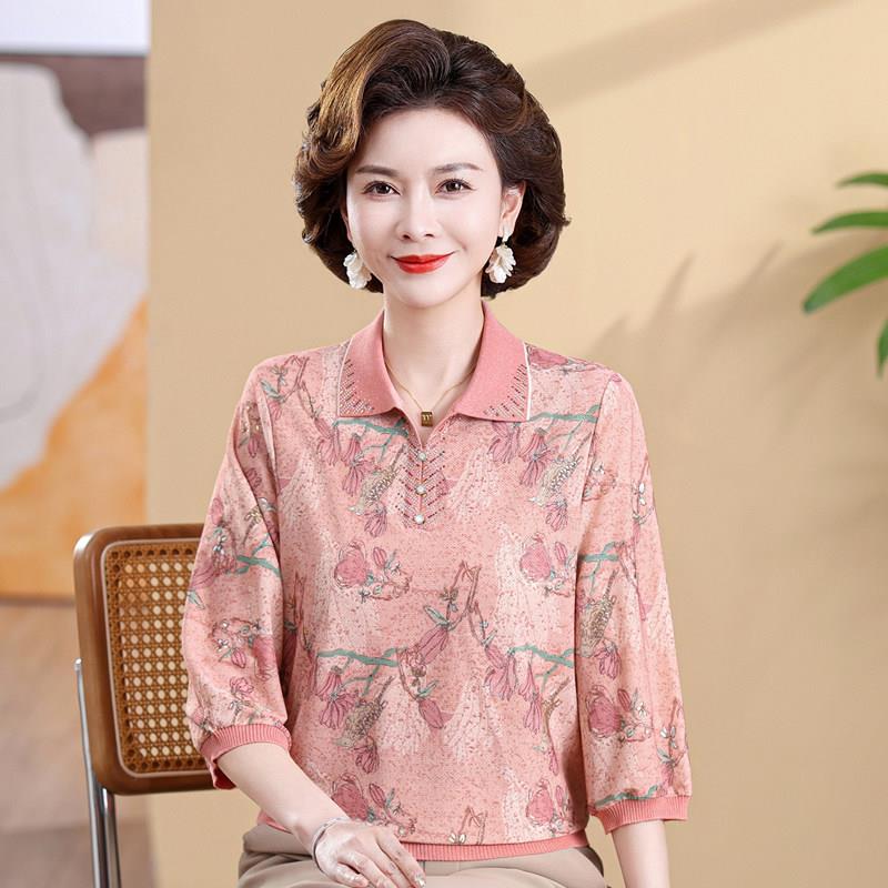 新款妈妈夏装七分袖T恤上衣小个子中老年女奶奶冰丝翻领小衫套装