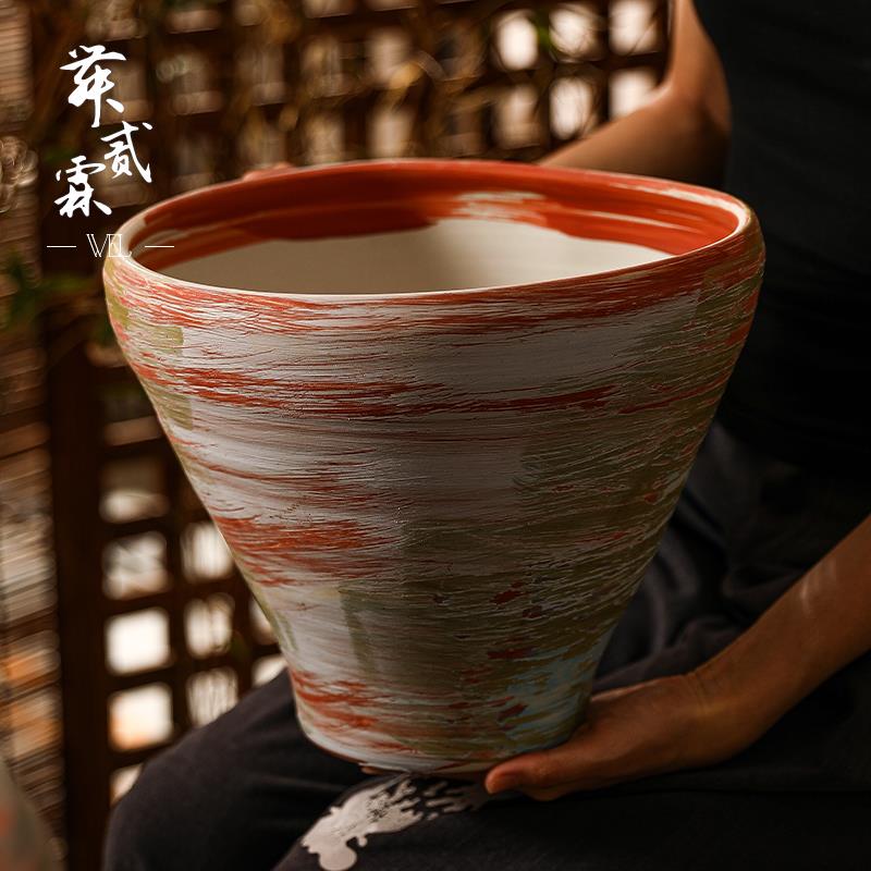 景德镇陶瓷花瓶复古手工刷釉做旧花器诧寂风高级感大口径花盆摆件