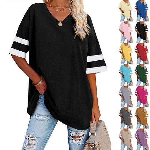 Shirt Womens Fashion Casual V-Neck Striped Loose Half