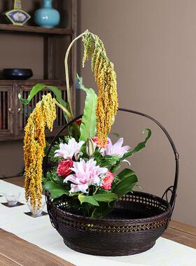 中华花艺业花器复古竹编竹篮日式专广中口篮号配内小胆塑IMZ胶盘