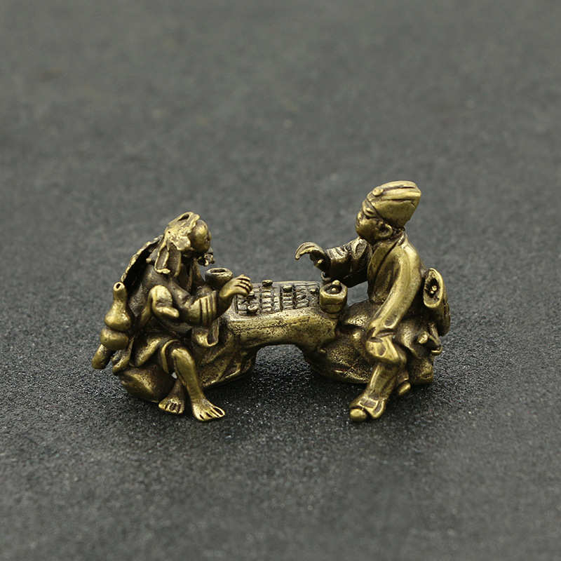 复古纯黄铜棋逢对手小摆件办公家居书房桌面迷你人物文玩手把件