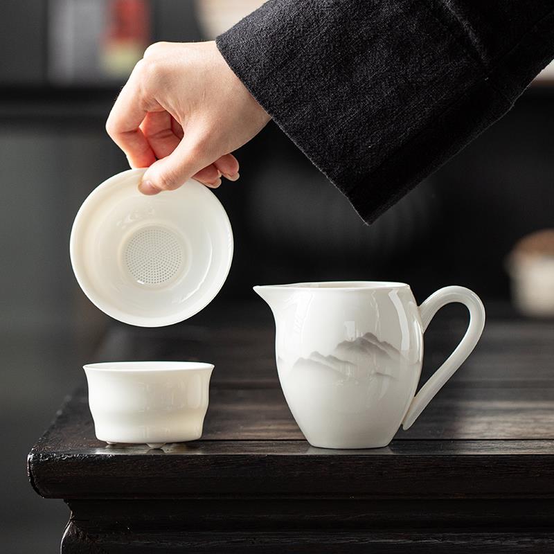 羊脂玉白瓷茶漏组公道杯陶瓷过滤家用功夫茶具防烫茶海匀杯分茶器