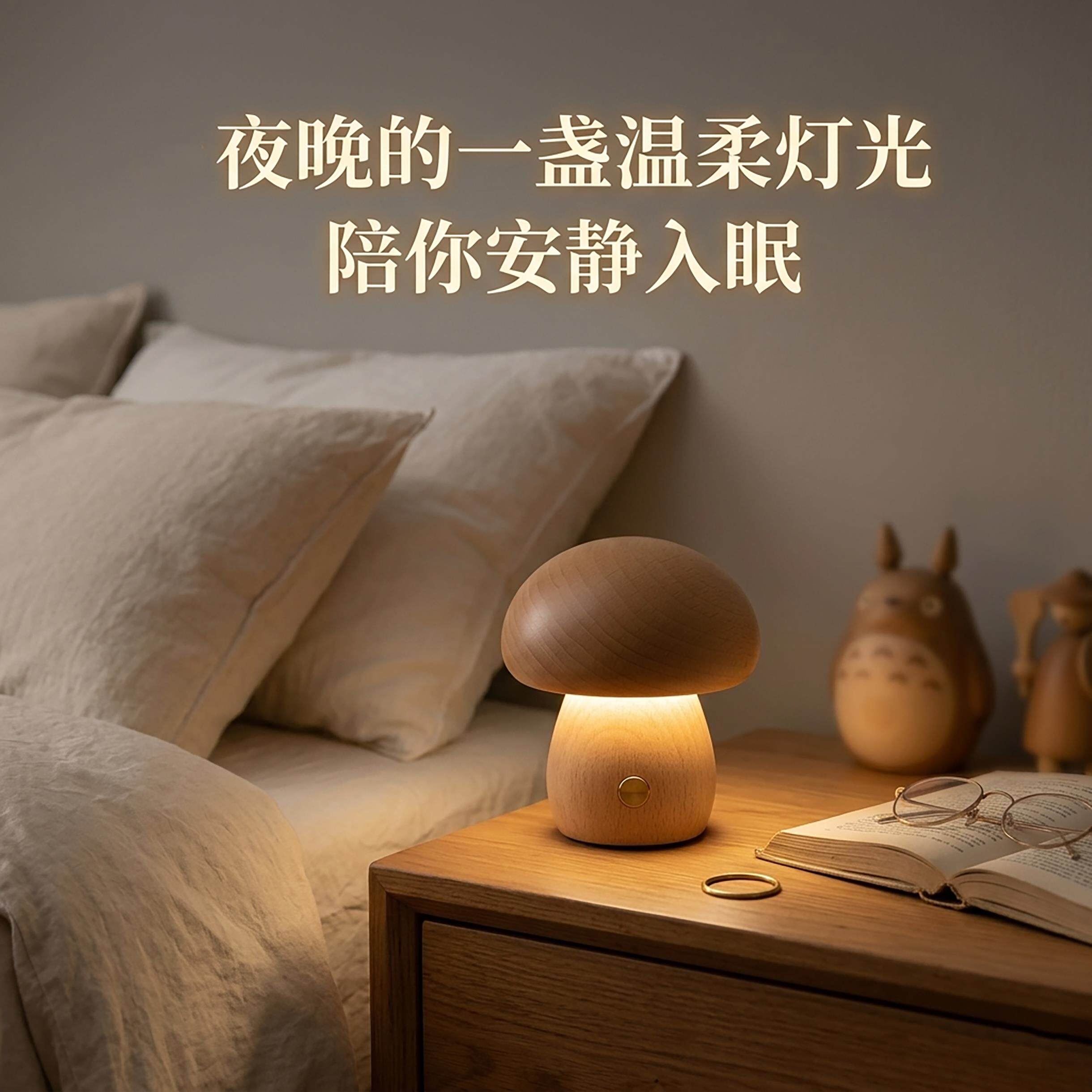 实木蘑菇小夜灯创意女生高颜值夜间卧室床头usb接口木质睡眠灯