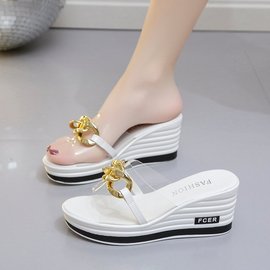 坡跟拖鞋女外穿2023夏季韩版松糕厚底鞋时尚水钻透明一字凉鞋
