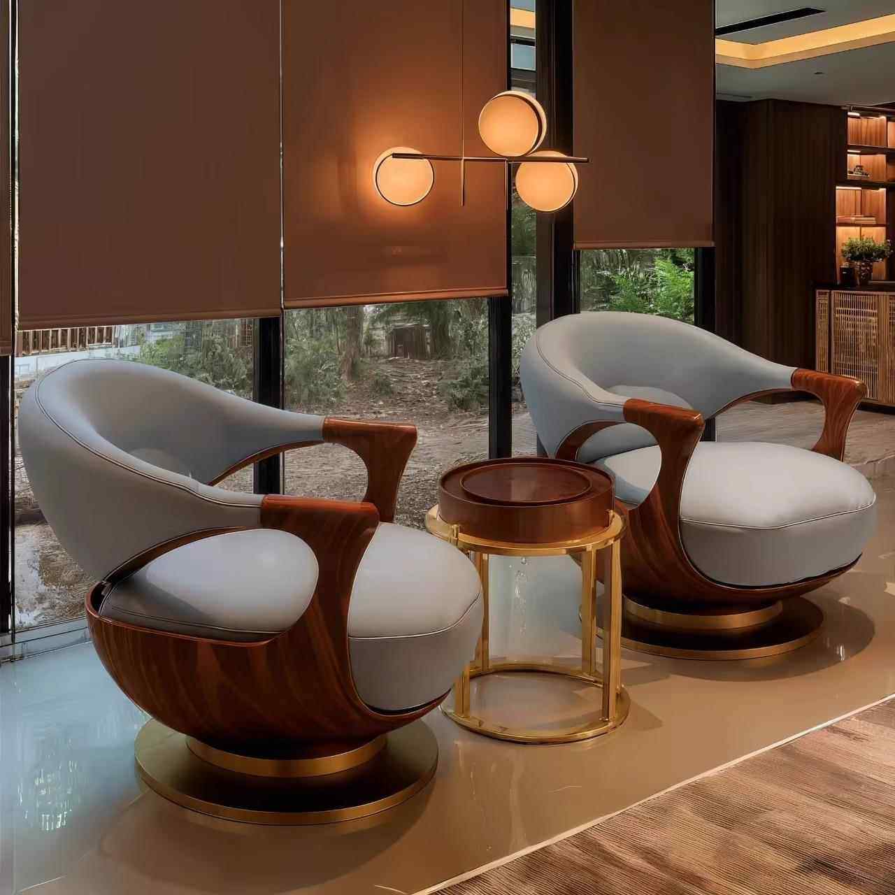 中古风客厅胡桃木真皮元宝椅组合高级感别墅美学轻奢休闲单人沙发