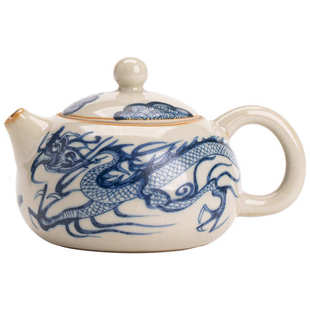 青花龙纹茶壶米黄汝窑过滤陶瓷泡茶壶功夫茶具泡茶器茶碗三才盖碗