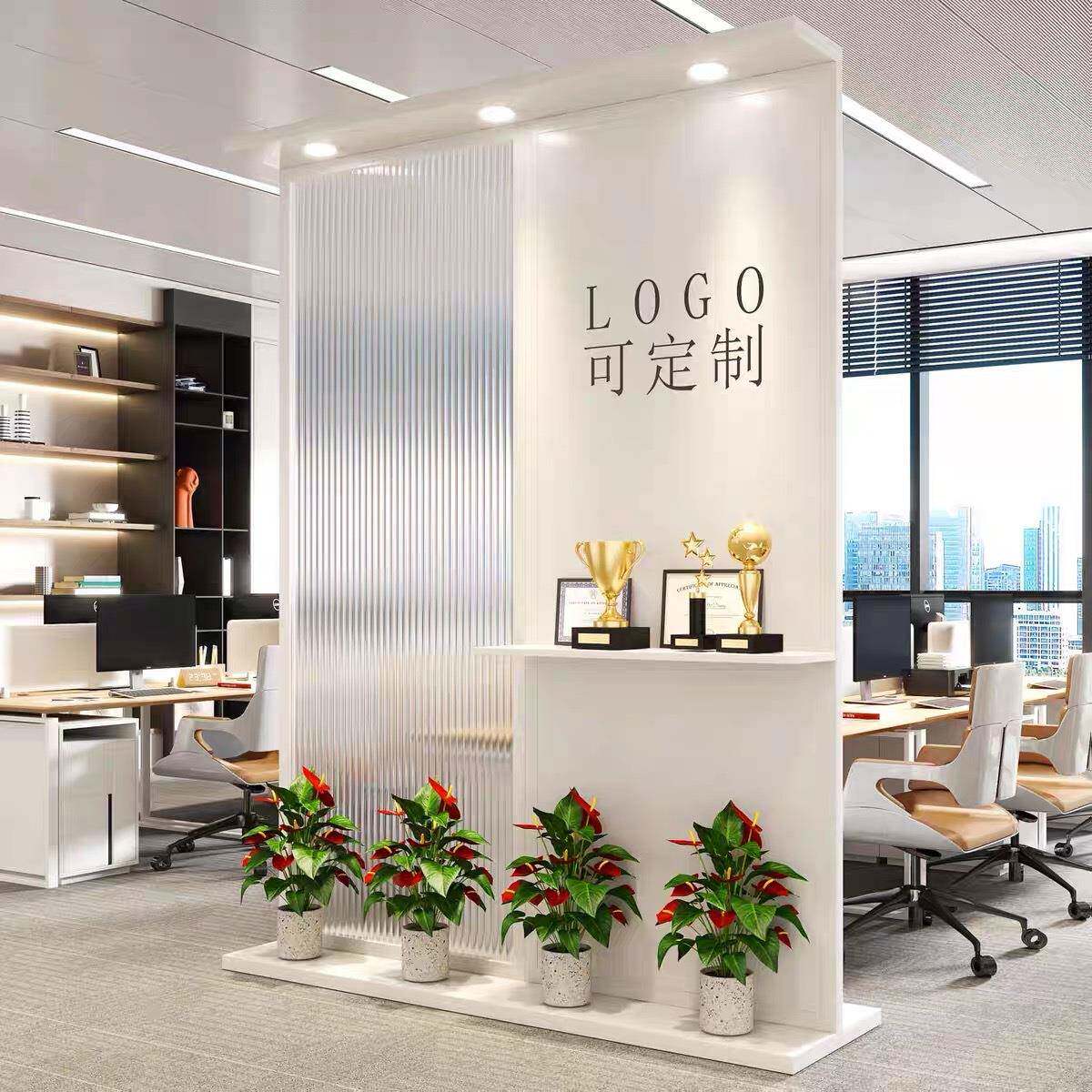 室玻屏风隔断璃铁艺办公logo屏风隔断公司玄关前台铁艺墙背景挡形