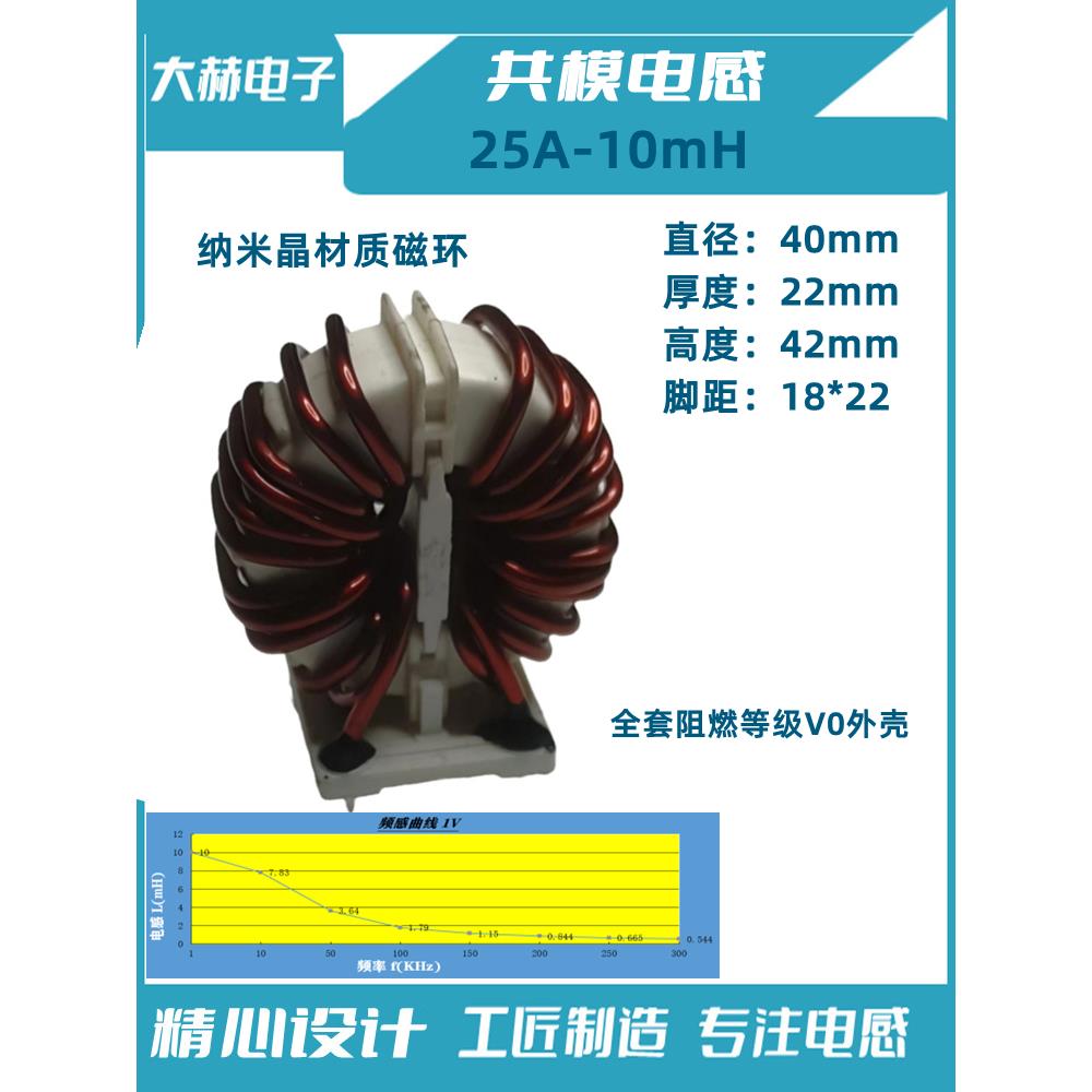25A10mH20mH共模电感线圈纳米晶非晶滤波EMC电器EMI脚位18*22