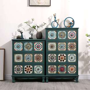 欧式实木复古收纳柜彩绘抽屉式客厅储物柜卧室斗柜阳台多层置物柜