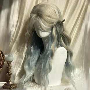 白金浅蓝女渐变假发中头套蓬松全自然分刘海长卷发