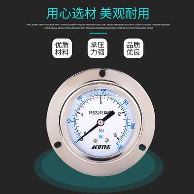 ACUTEK轴向带边304不锈钢耐震压力表YN60BF-ZT 16bar PT1/4蒸汽表