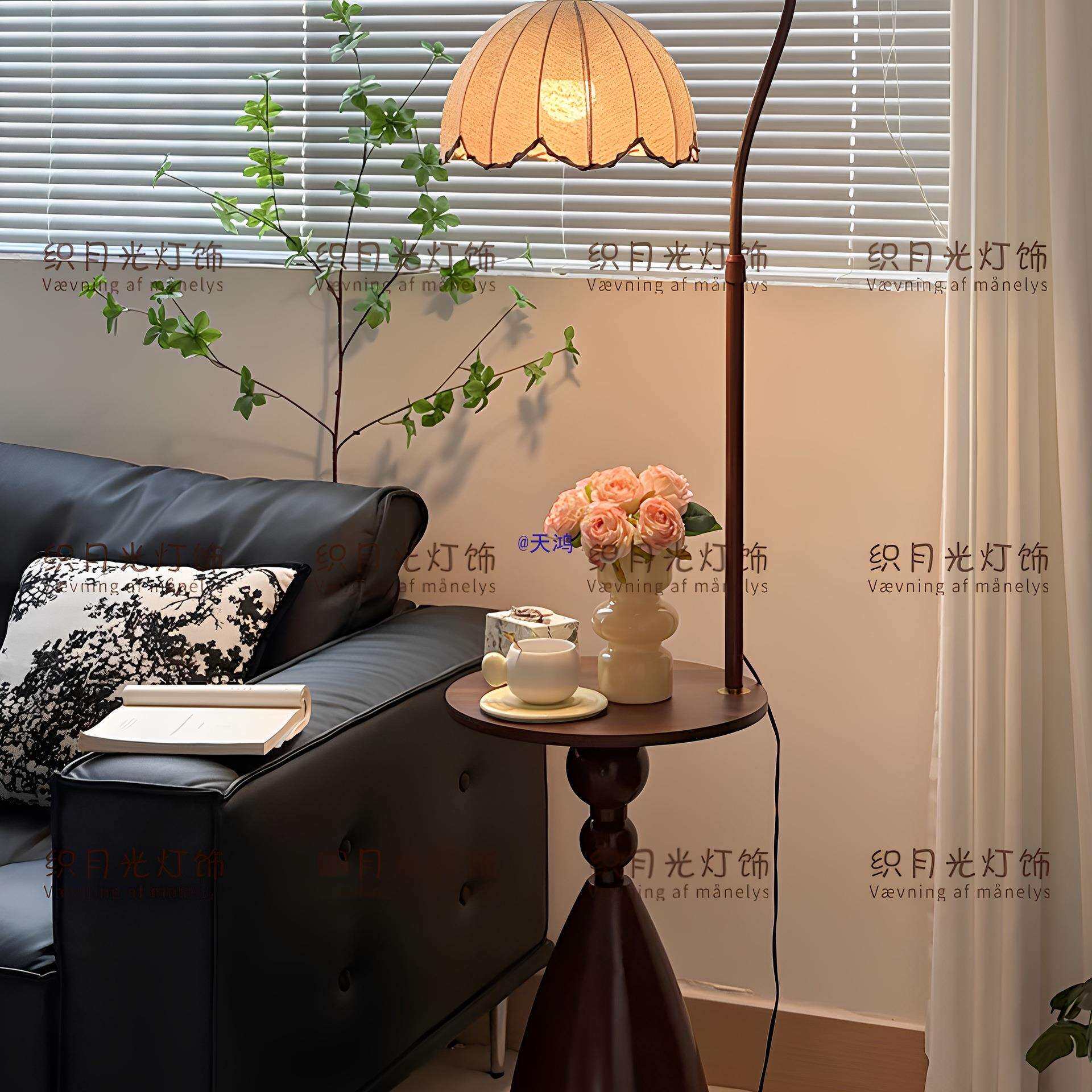 客厅落地灯沙发旁边小型边几置物架法式复古风卧室床头柜一体台灯