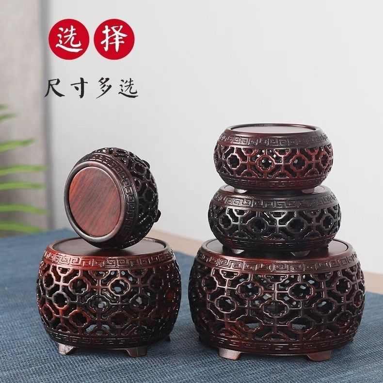 红酸枝鼓形小底座实木圆形紫砂壶盆景底托红木镂空雕刻玉石摆台无