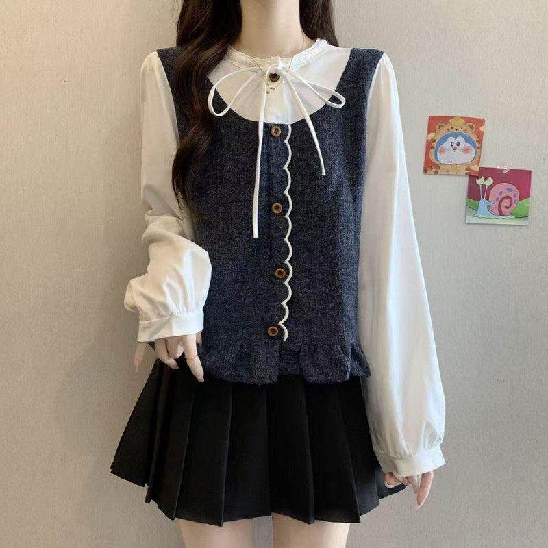 大码女装胖mm秋装新款打底衫假两件衬衫宽松遮肚上衣显瘦遮肉春装