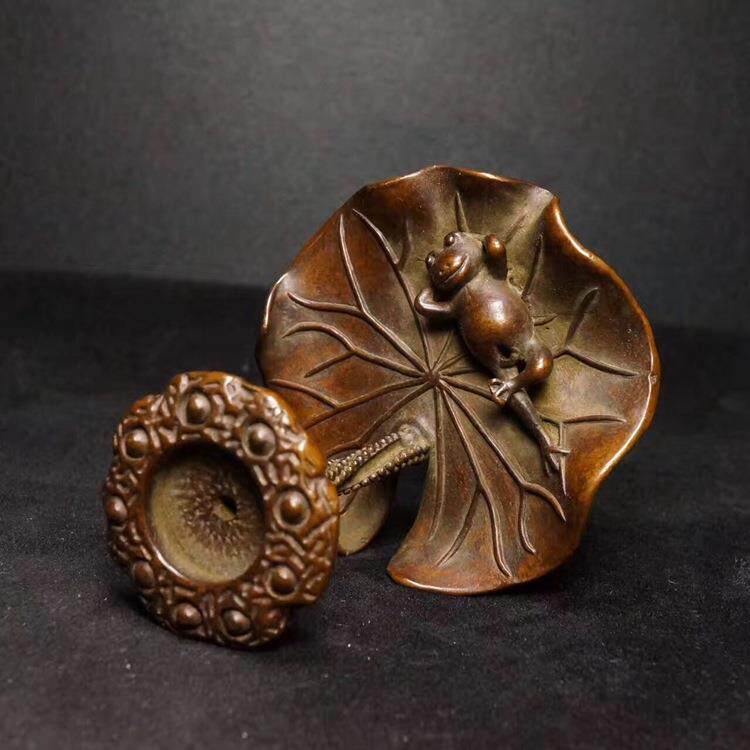 实心铜荷叶青蛙造型倒流香香插小摆件铜茶宠盖置茶道具铜雕件铜器