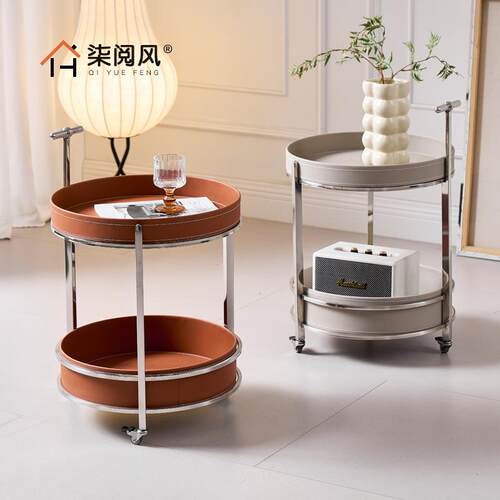 中古马鞍皮沙发边几角几不锈钢小推车置物架移动带轮客厅边柜茶桌