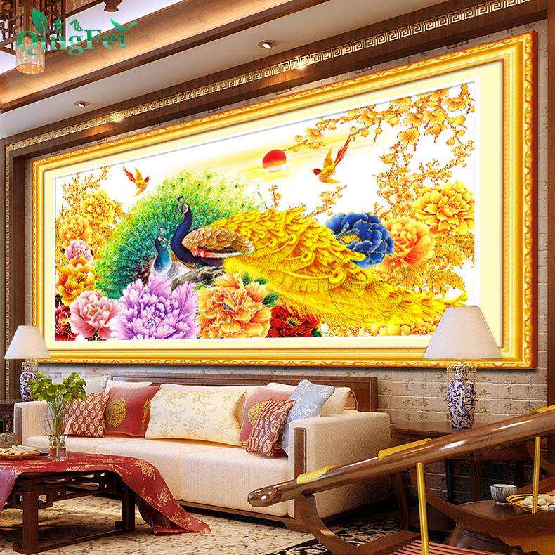青飞精准印布金牡丹孔雀十字绣横脚轮/万向轮