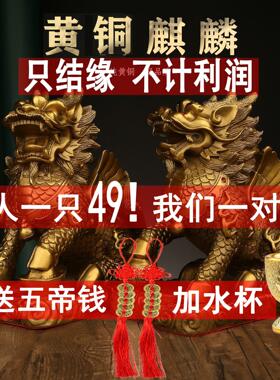黄铜财富麒麟摆件一对公母客厅门口招财镇宅办公室店铺开 业送礼