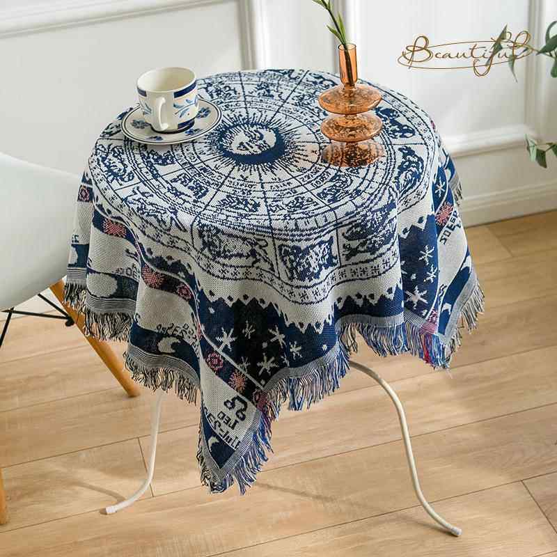 新款外贸品覆麻古风格加布厚棉露营风格星座台布单咖啡台高档圆台