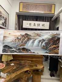 装饰画挂画壁画墙聚宝盆，背景墙玄关轻奢新中，国画八尺山水鸿运当头