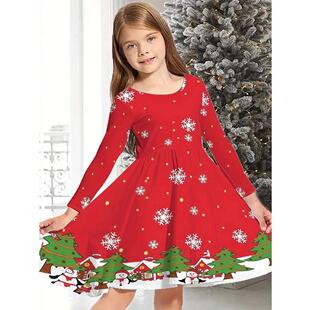 Kids Long Casual Christmas Printing Dress Full 2025 Sleeve