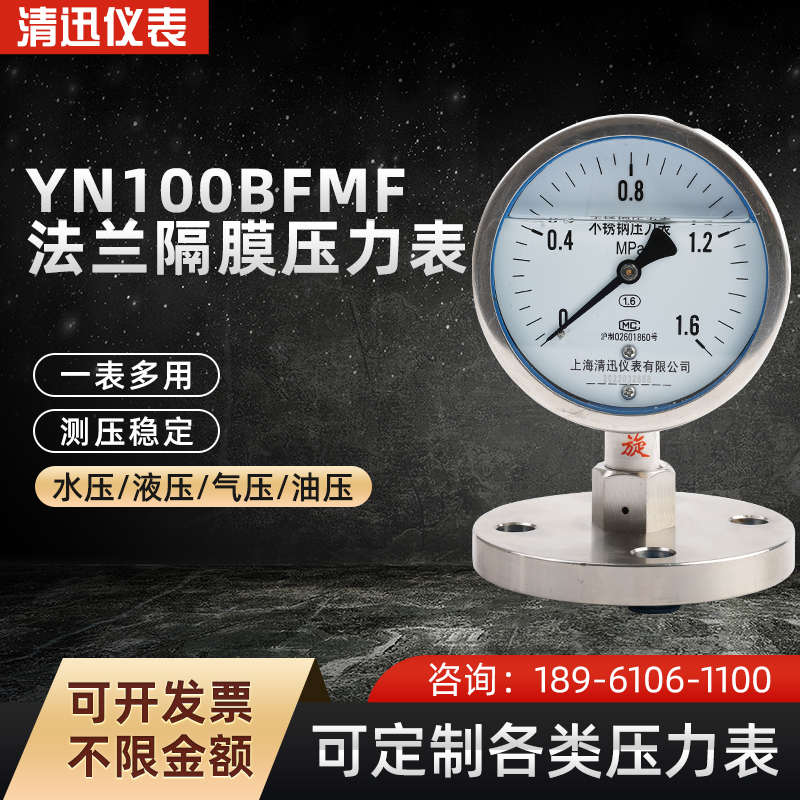上海名宇Y100MF法兰隔膜压力表防腐蚀316L膜片耐酸碱0-1.6/2.5Mpa