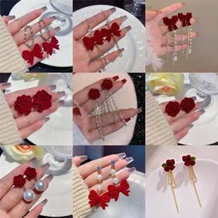 韩系耳饰夸张独特漂亮耳环红色丝绒蝴蝶结耳环长款流苏气质耳坠新