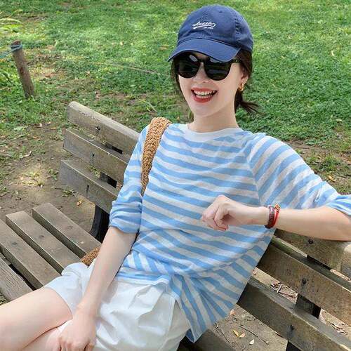 蓝色条纹长袖防晒T恤女夏季慵懒风宽松薄款空调罩衫微透上衣0804k
