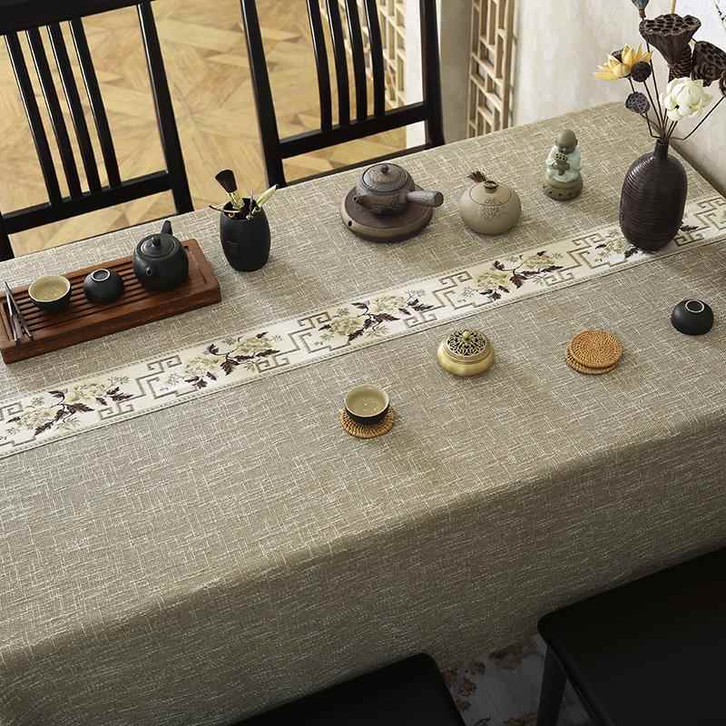 正品新中意式餐桌布麻棉风长正方形家用蓝米纯色禅茶书桌几子布艺