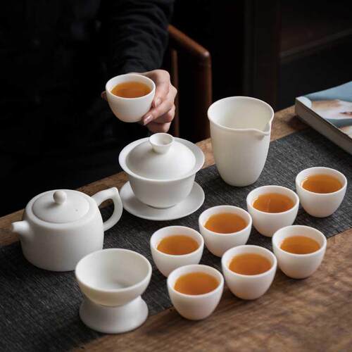高档德化白瓷茶具套装家用羊脂玉瓷泡茶盖碗办公侧把茶壶茶杯陶瓷