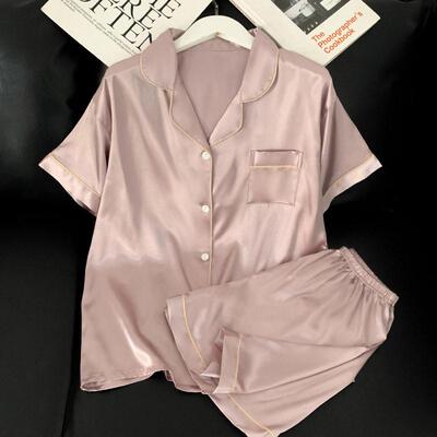 Women Summer Bubble Pleated Sleepwear Set Sleeve Button