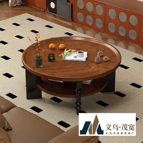 法式全实木茶几圆形茶桌小户型小桌子中古风家用客厅复古新款茶几