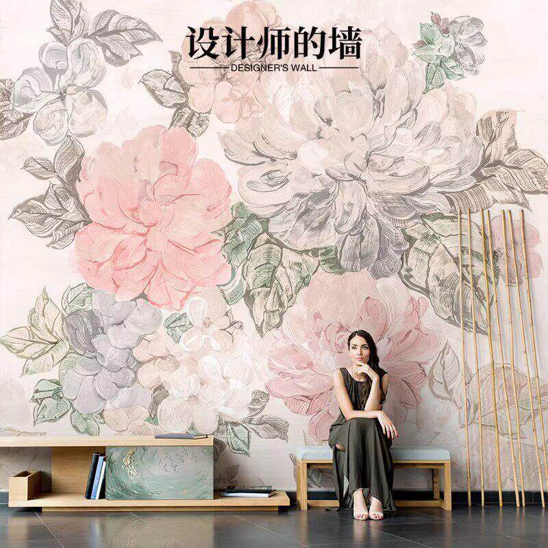 美式手绘牡丹花朵壁纸网红客厅卧室电视背景墙壁布壁画无缝8D墙布