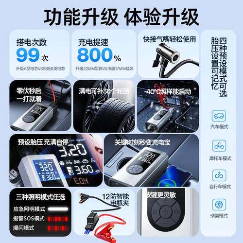 车载充气泵电动打气泵汽急车应启动紧电电瓶急强搭电宝打79火神源