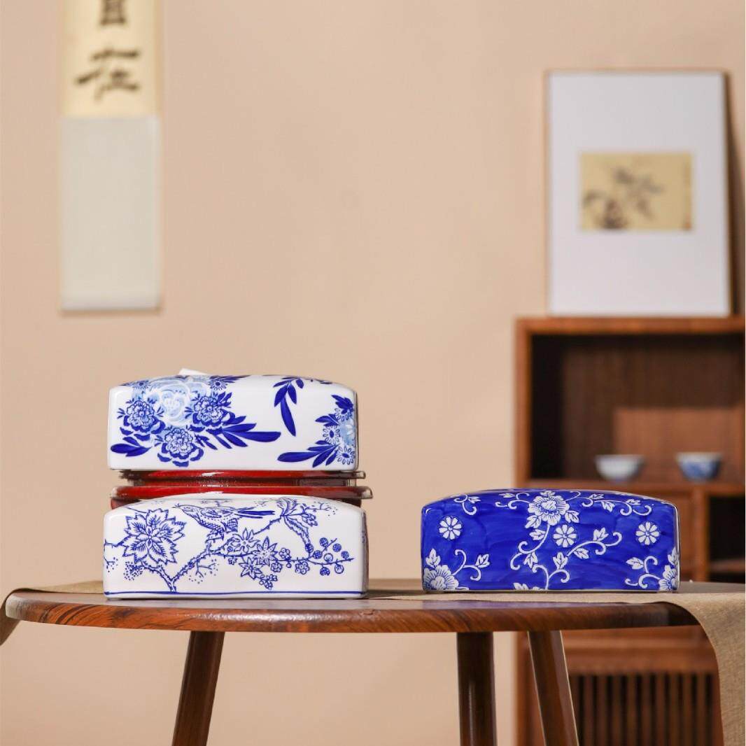 青花瓷陶瓷纸巾盒客厅茶几新中式青花桌面餐巾抽纸盒客厅陶瓷摆件