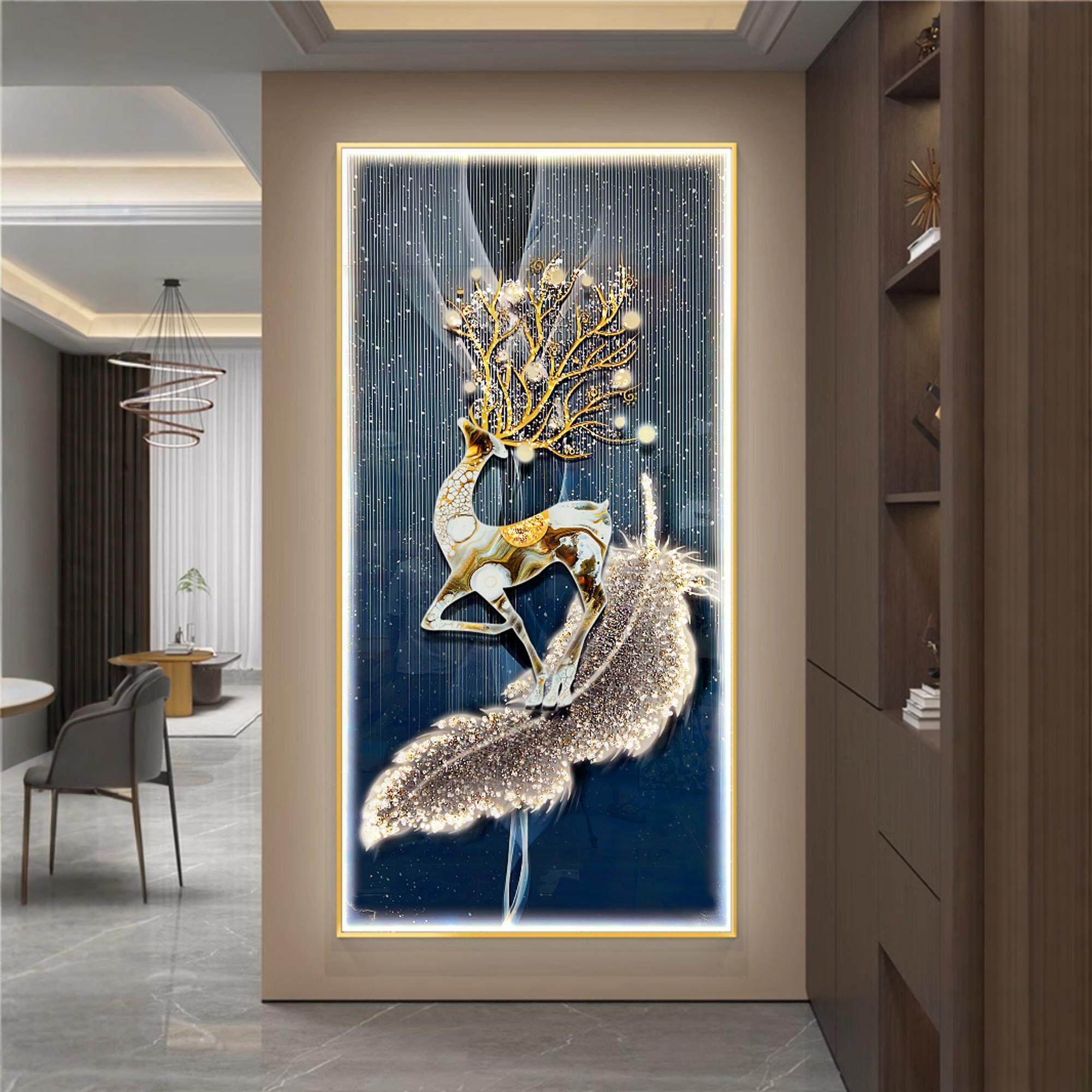 大气麋鹿入户玄关装饰画 画现代简约进门过道挂画 画轻奢走廊镶钻