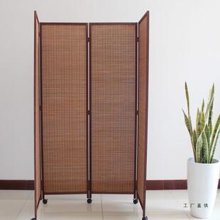 折屏风隔断轮实木关竹编遮阳中式推拉折滑叠985移动简约玄茶室复