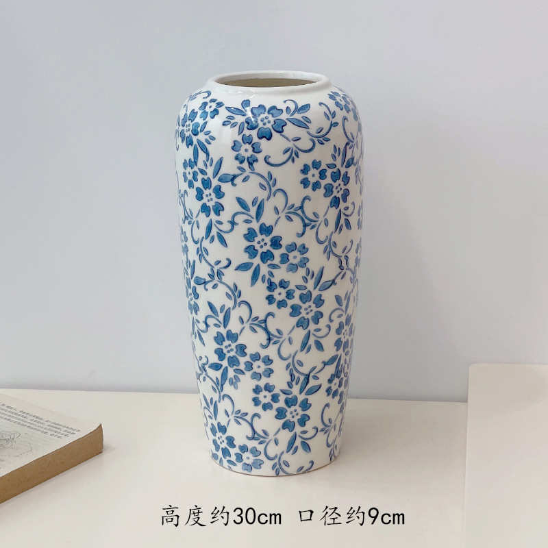 插花花器摆件复古客厅植花瓶装饰品玄关陶瓷大新绿干花中式青花瓷