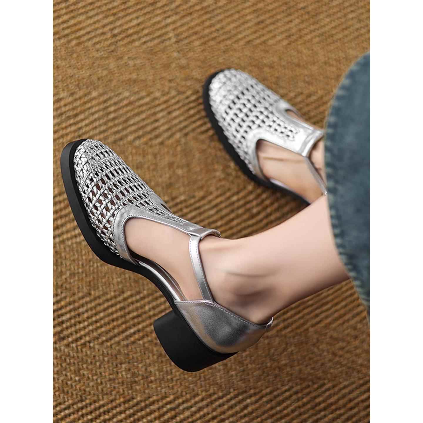 A.D Hepburn~编织T字带编织凉鞋不累脚软底镂空洞洞鞋粗跟高跟鞋