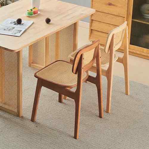 侘寂风实木餐椅北欧藤编椅饭厅餐桌椅家用靠背椅原木日式软包椅子