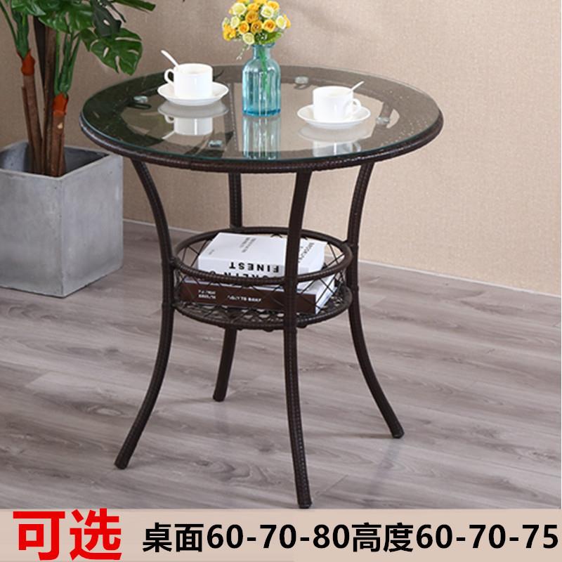 迷你小户型储物简约钢化玻璃圆茶几桌子高70cm阳台客厅藤编60以上