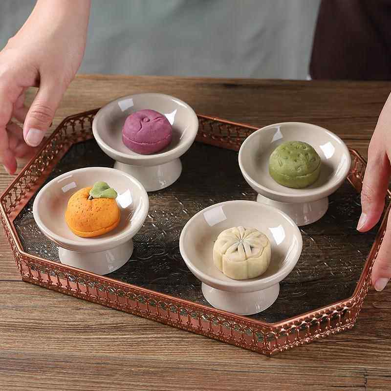 中式复古陶瓷点心盘高脚干果碟茶点糕点家用甜品盘精致摆盘器皿